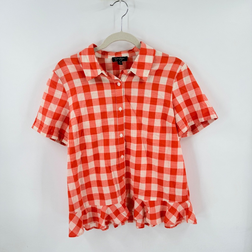 Jessica Simpson Red Gingham Ruffle Top Medium Picnic Summer Cottagecore Preppy